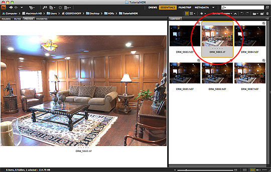 Locate the .TIFF HDR image in Adobe Bridge