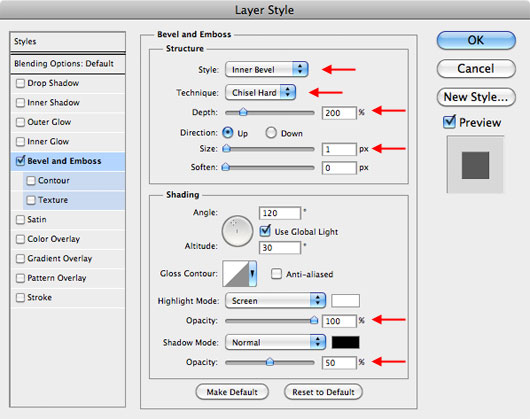 Tambahkan layer style Bevel & Emboss